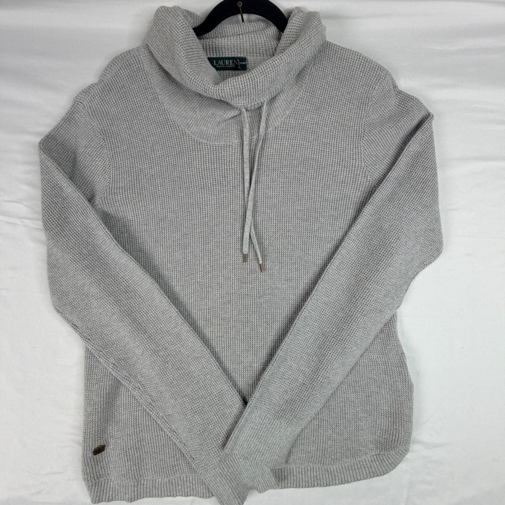Lauren Ralph Lauren Sweater XL Grey Waffle Knit Cowl Neck Drawstring Cotton